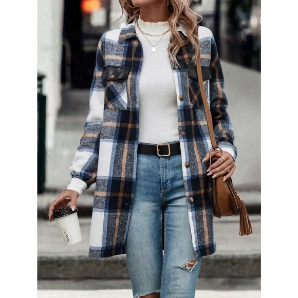 Preppy long Plaid Print Flap Pocket shacket jacket boyfriend - Picture 3 of 4